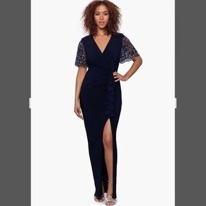 BETSY & ADAM Plus Beaded Flutter Sleeve V-Neck Ruffled Slit Gown in Navy/Silver